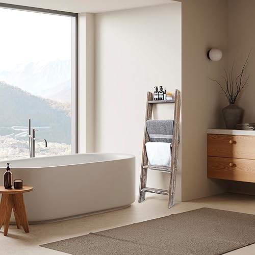 Miniatura 10 de MyGift Escalera grande de madera encalada para manta, estilo granja, toallero inclinado de pared con 5 peldaños (blanco vintage)