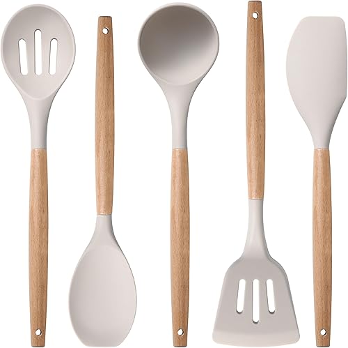 Herogo Juego de utensilios de cocina de 5 piezas, juego de utensilios de cocina de silicona con mango de madera, herramientas de cocina resistentes