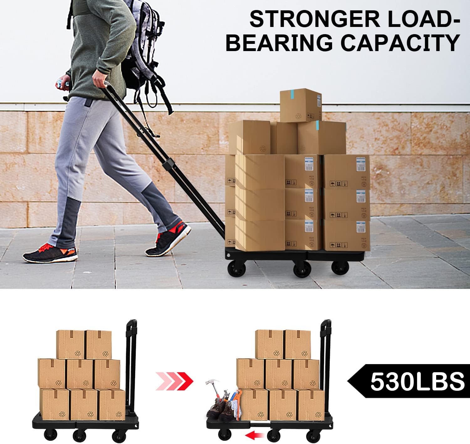 SELORSS Folding Hand Truck, 530 LBS Heavy Duty Luggage Cart, Foldable Dolly Cart for Moving, Utility Dolly Platform Cart with 6 Wheels for Travel House Office Shopping (Black)