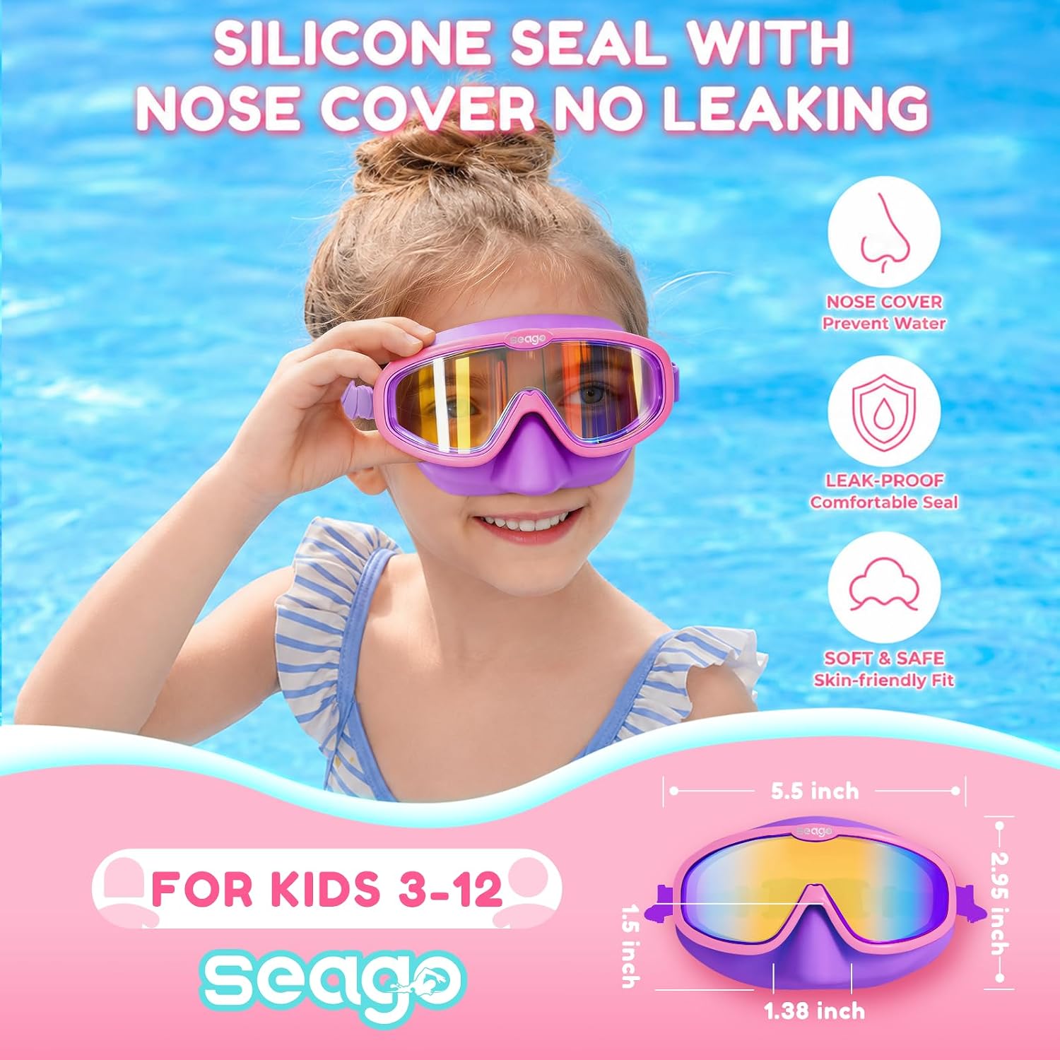 seago kids swim goggles 2 pack for 3-12, anti-fog clear view,toddler goggles with nose cover swimming goggles blue & purple