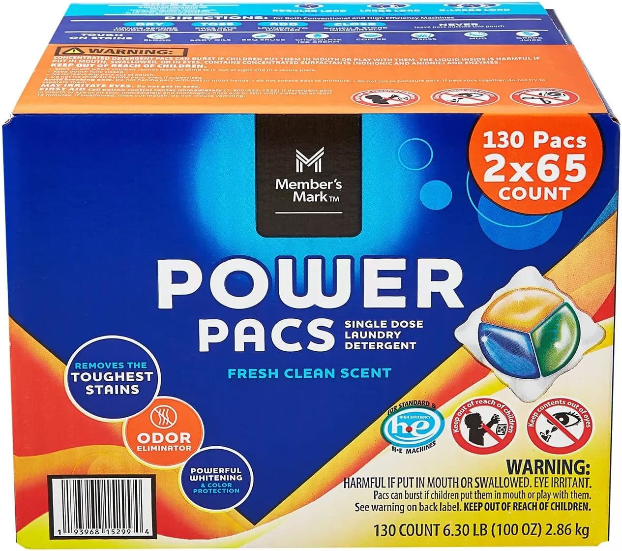 Member's Mark Ultimate Clean Laundry Detergent Power Pacs, Fresh Clean (130 Ct)