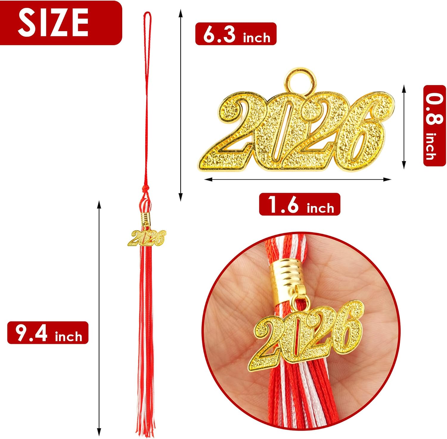 2026 Red & White Tassel Graduation - Graduation Tassel with 2026 Gold Year Charms for Grad Cap Decorations - Tassels for College, Primary & High School Graduate Hat Ceremonies Accessories