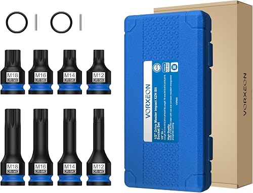 8PC 1/2" Drive Impact XZN Bit Socket Set M12 M14 M16 M18 42CRMO Steel Impact Triple Square Spline Bit Socket Set for Garage & Auto Repair Mechanical - 8