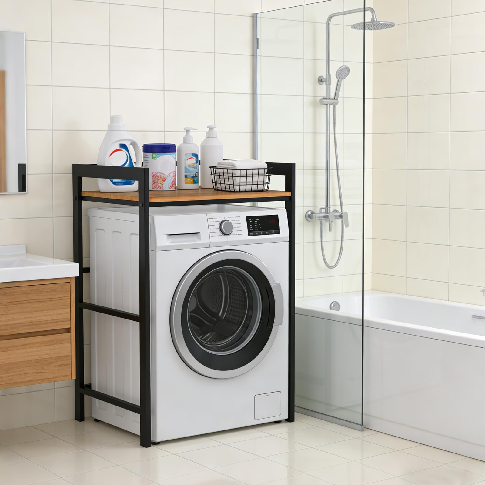 Estanteria Lavadora y Secadora, 3 Alturas Ajustables, Mueble Lavadora Secadora Columna, Capacidad de Carga de 350 kg, para BañO, BalcóN, Lavandería (Negro)