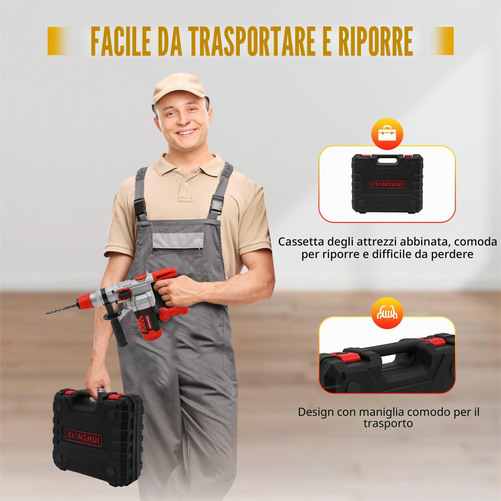 Martello Demolitore Martello Pneumatico, Trapano a percussione, 50 Hz, 0-930 giri/min, martello demolitore, 2200 W, martello elettrico, trapano a percussione con valigetta