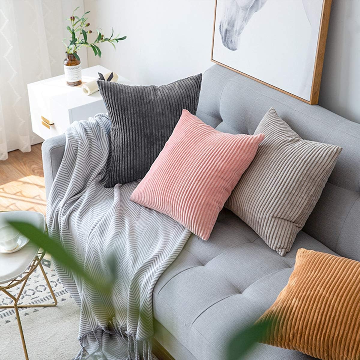 MUDILY Pack of 2 Soft Striped Corduroy Decorative Square Throw Pillow Covers Set Cushion Cases Pillowcases for Sofa Bedroom Car, Beige 18 x 18 inch 45 x 45 cm
