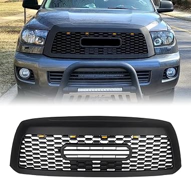 Front Grille Compatible with 2010-2018 Sequoia, Replacement ABS Grill Front Bumper Grille with 4 Led Lights and Letters, Matte Black