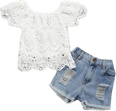 Amazon Com Kidsa 1 7t Baby Toddler Girls Shorts Sets Summer Clothes Off Shoulder T Shirt Ripped Tore Up Denim Shorts Outfits Clothing Shoes Jewelry