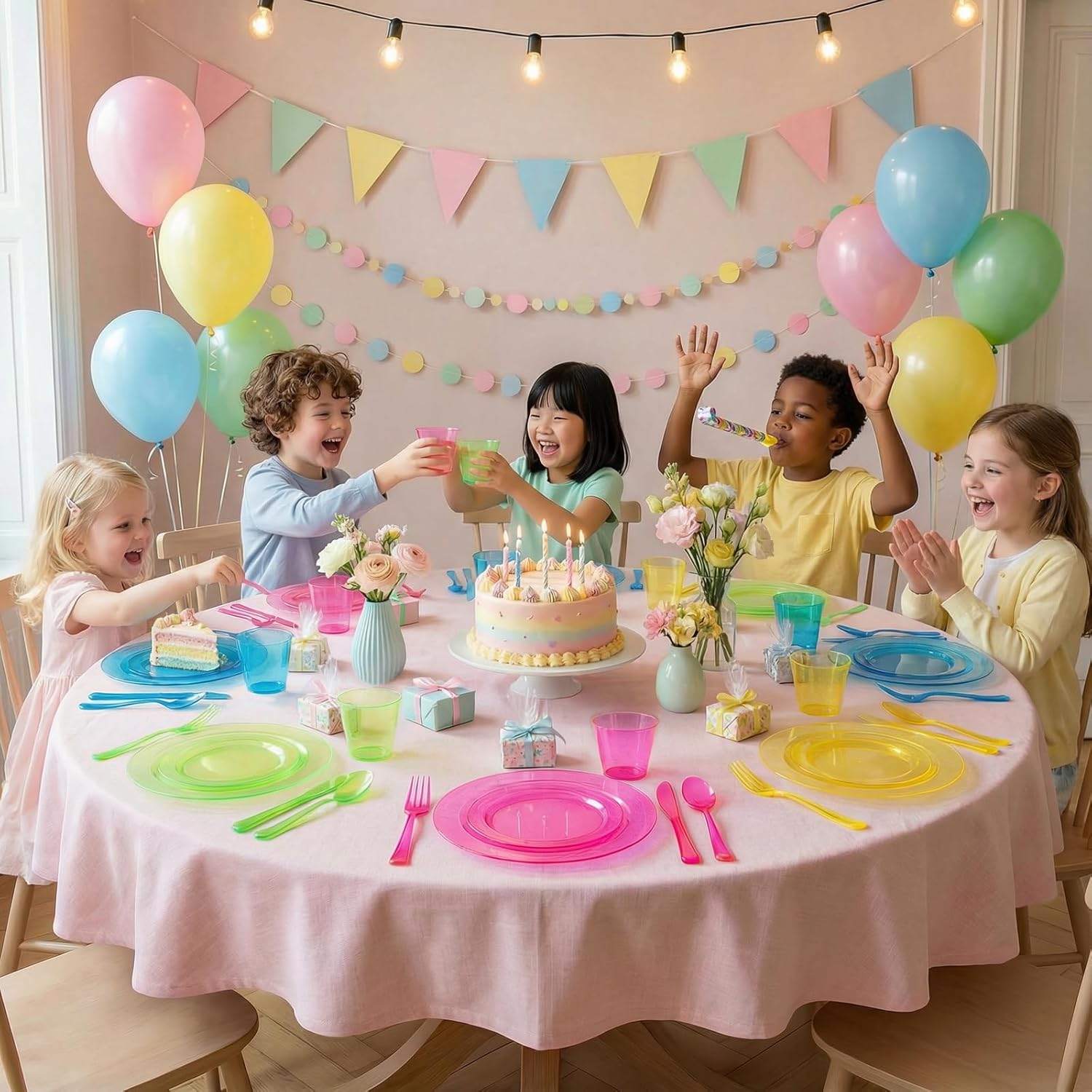 Supernal 216pcs Plastic Dinnerware Set include Rainbow Disposable Plates for Party Heavy Duty,Colorful Disposable Cups,Plastic Silveware in Neon Pink,Blue,Green,Yellow, Pefect for Birthdays