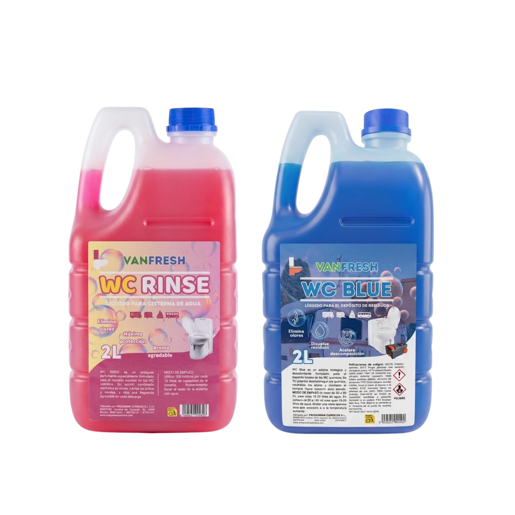 Pack WC Químico para Camper y Caravana | WC BLUE + WC RINSE 2x2L | Elimina Olores, Disuelve Residuos y Mantiene el WC Fresco – Líquidos para WC Portátil y Autocaravana