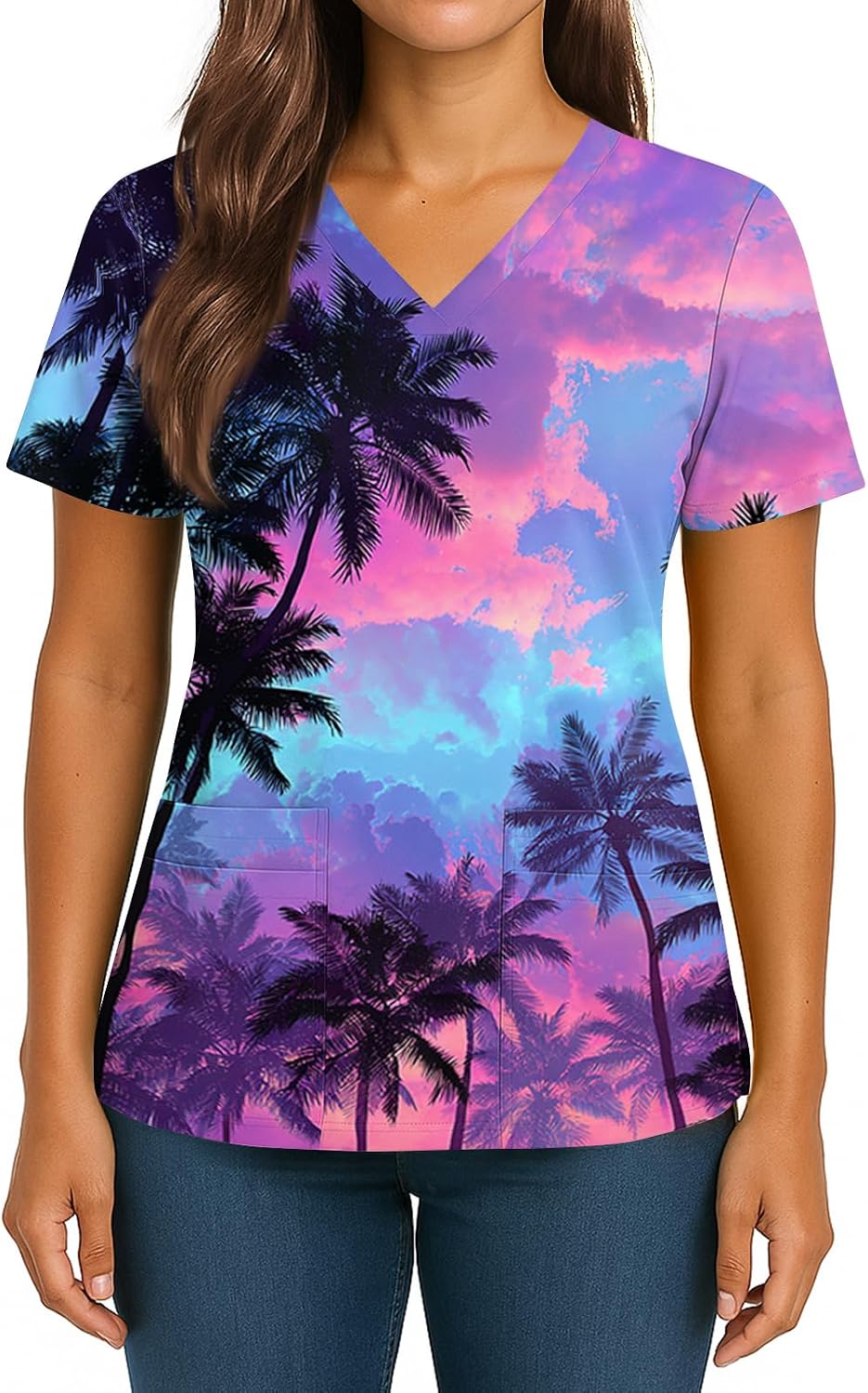 Women's Hawaiian Print Scrub Top Plus Size V Neck Short Sleeve Nurse Scrubs with Pocket Fun Nursing & Medical Uniform