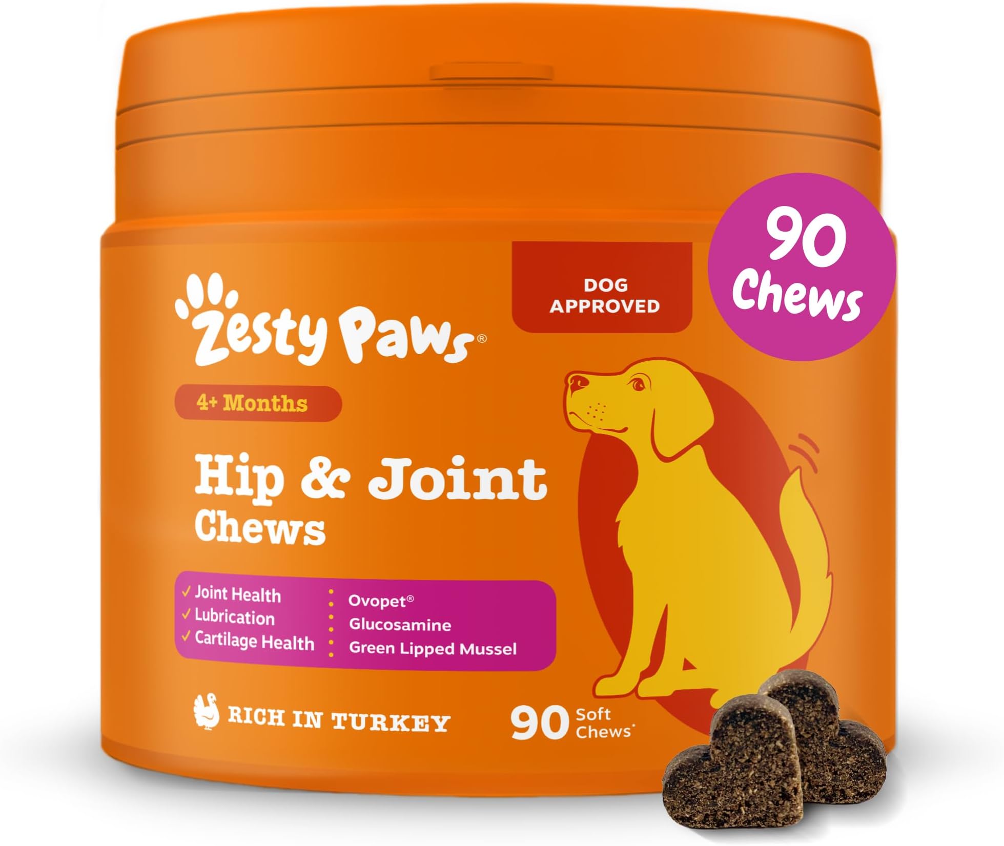 Hip & Joint Chews for Dogs, Rich in Turkey, 90 Chews, Daily Use