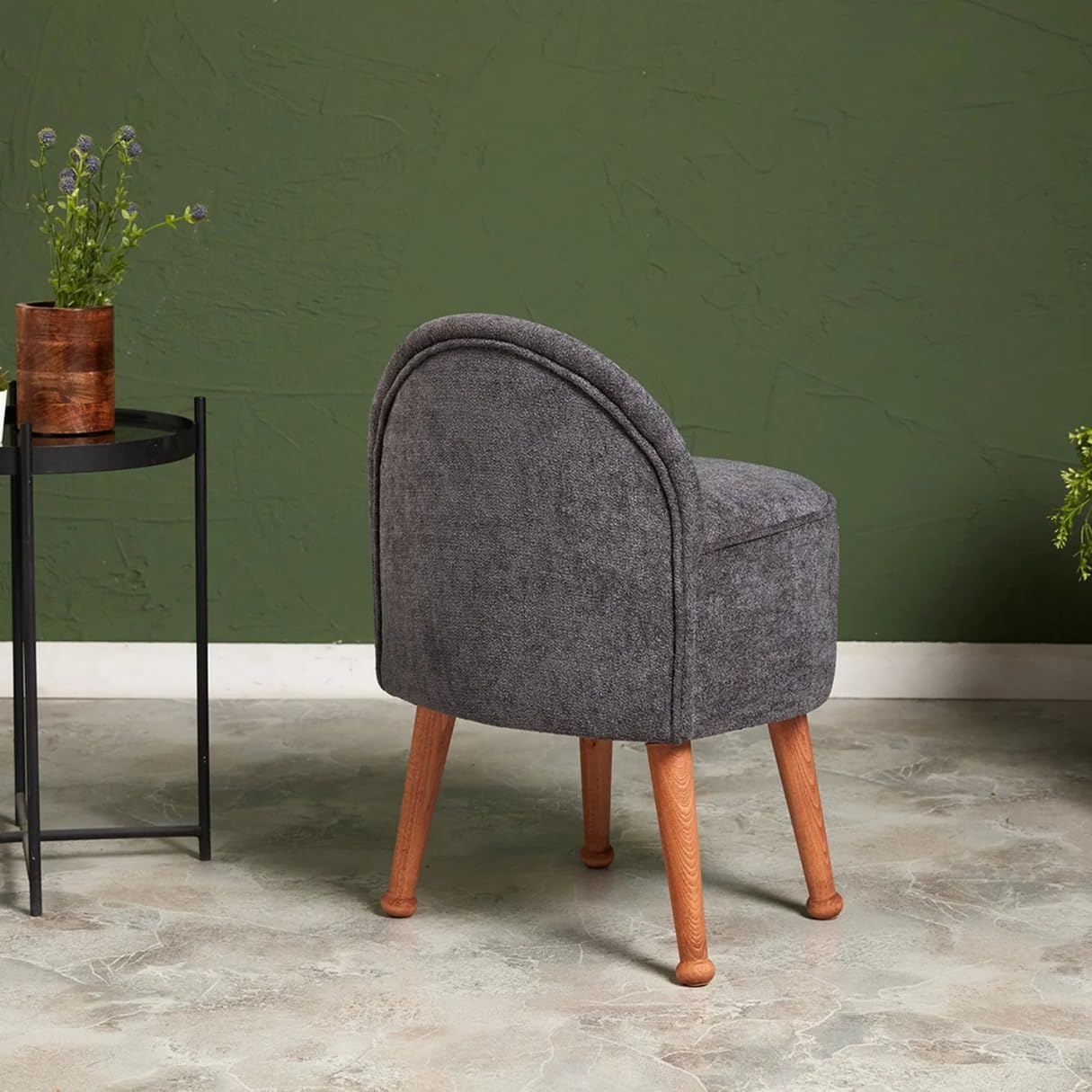 Curved Back Modern Pouf Chair, Decorative Living Room/Bedroom Pouf, Gray Upholstered Wooden Leg Chair, 19.29W x 25.98H inches