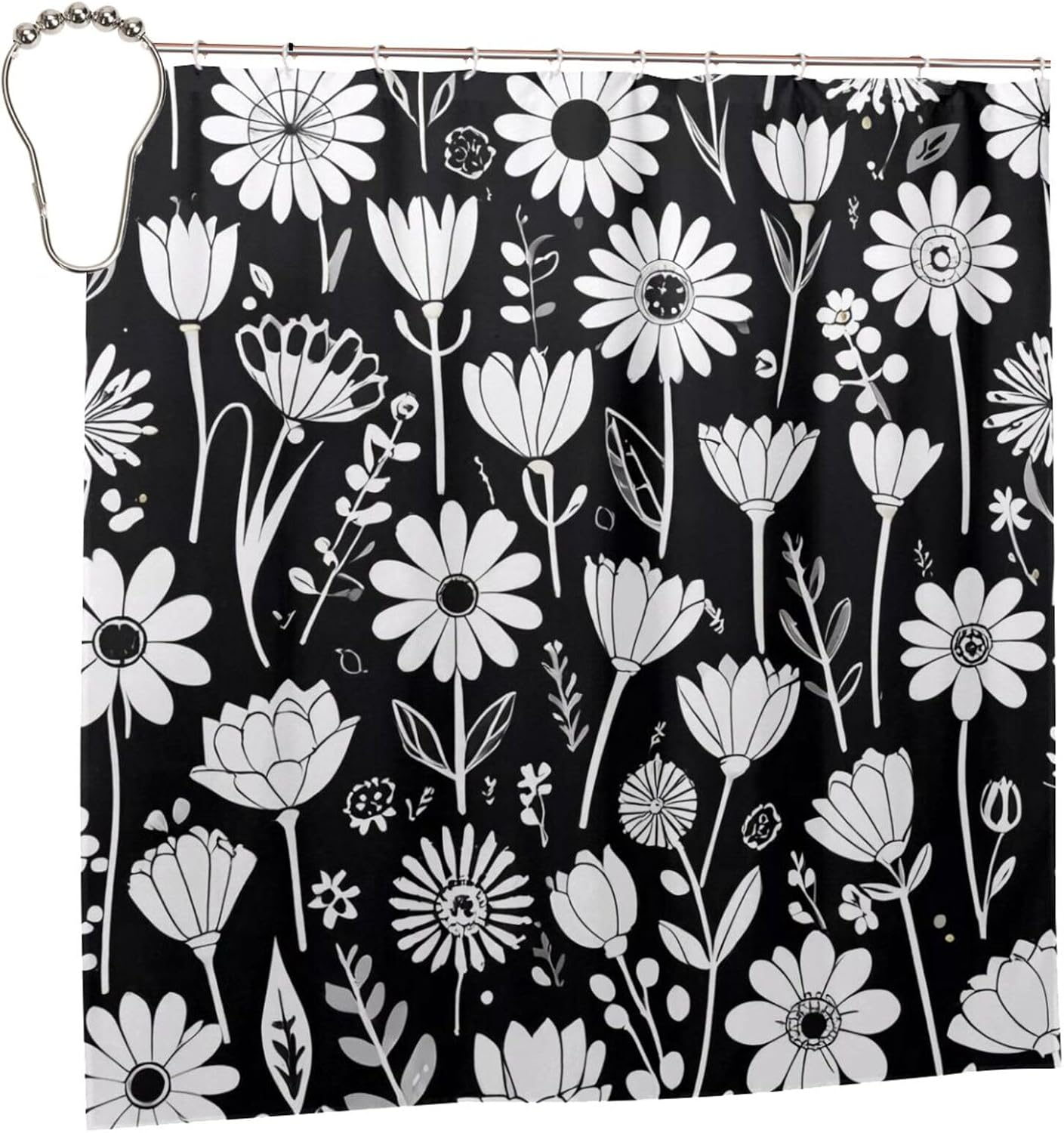 Black and White Flowers Print Shower Curtains, Cute Bathroom Shower Curtain, Bathroom Decor with Grommets and Hooks-72 x 72