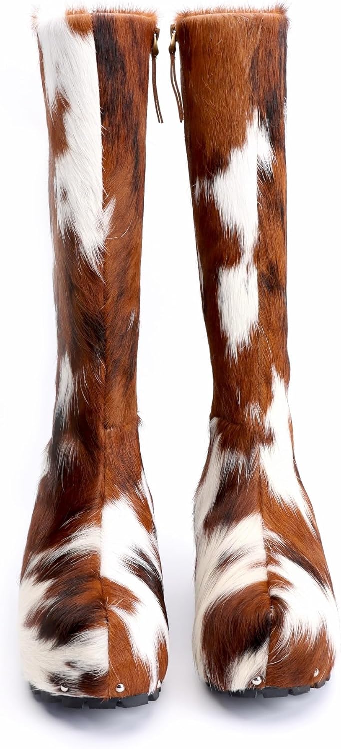 XOBZJH Women’s Wide Calf Cowgirl Boots – Handmade Knee-High Country Cowboy Winter Boots with Genuine Calf Hair, Shearling Lining & Platform Sole, Retro Western Style - Image 6