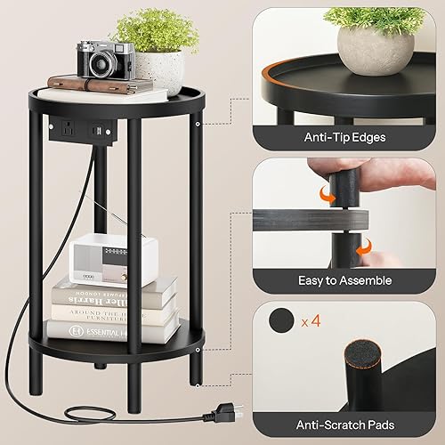 Miniatura 8 de HOOBRO Mesa auxiliar redonda pequeña con estación de carga, mesa auxiliar redonda de bambú de 2 niveles, mesa de noche compacta para espacio