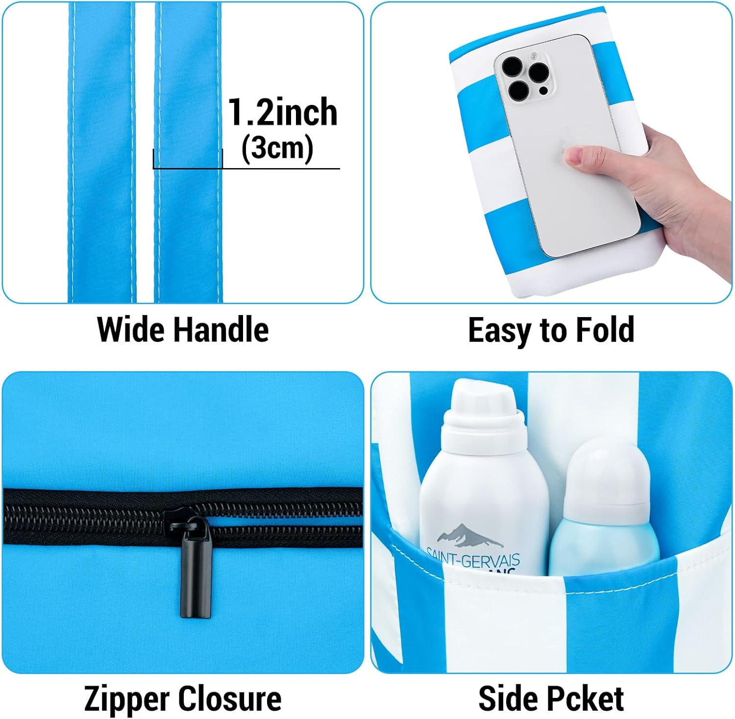 Iioscre Beach Bag for Women, Large Beach Tote Bag with Zipper Pockets, Waterproof Sandproof Swim Bag Pool Vacation Travel - Image 5