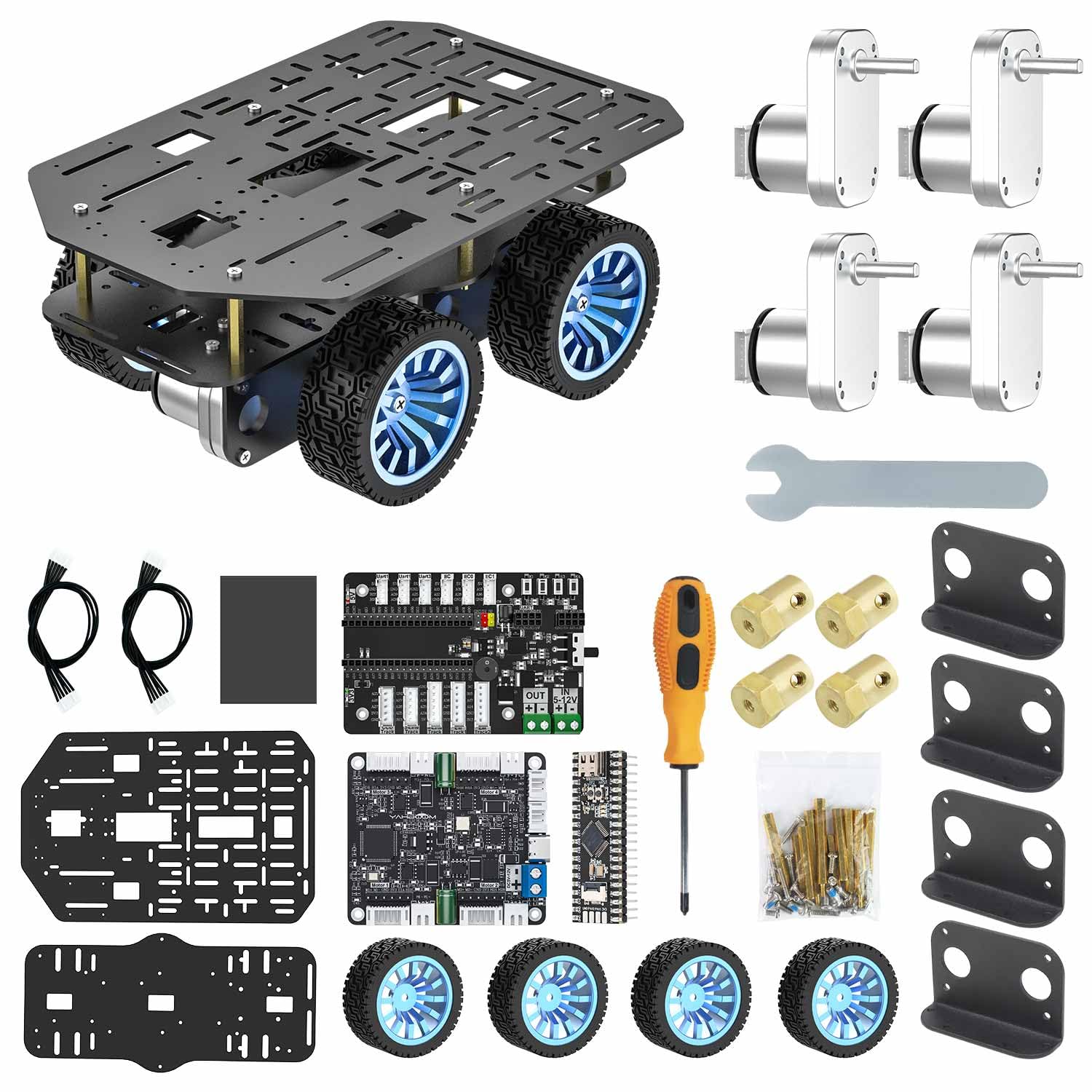 Yahboom Smart Chassis Car Kit, Equipped with Aluminum Chassis, 520 Encoder Motor, DC 12V Motor, 65mm Wheels, Robot Mobile Platform (4WD Chassis without Battery)