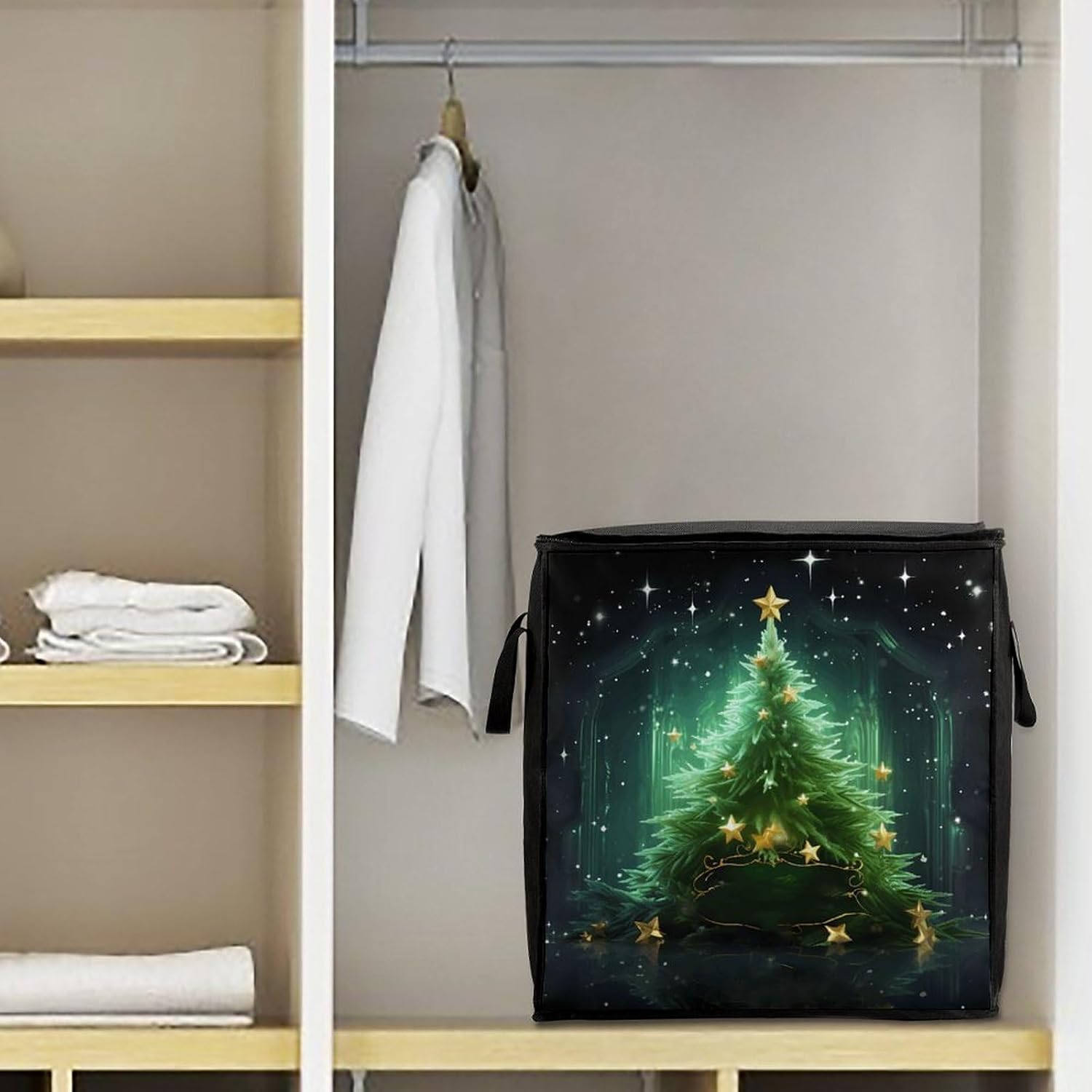 Green Christmas Tree Storage Bag Quilt Storage Bag with Sturdy Zippered Fashion Breathable Closet Organizer Storage Boxes with Carry Handles for Blanket Pillow Bedding