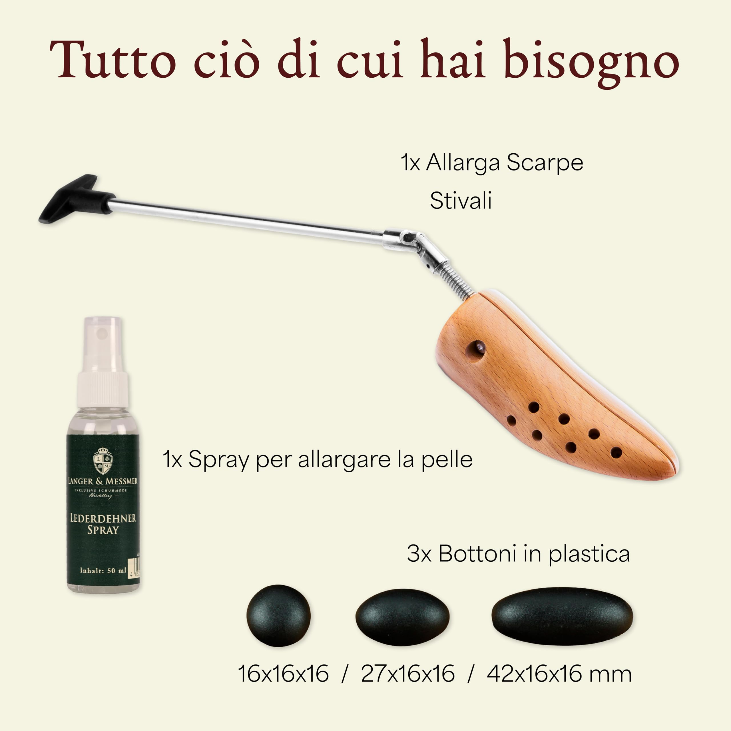 Langer & Messmer allunga scarpe da donne contro le pizzicature di scarpe, stivali o tacchi alti - in legno di faggio massiccio e meccanismo in metallo incluso spray allunga pelle 50ml