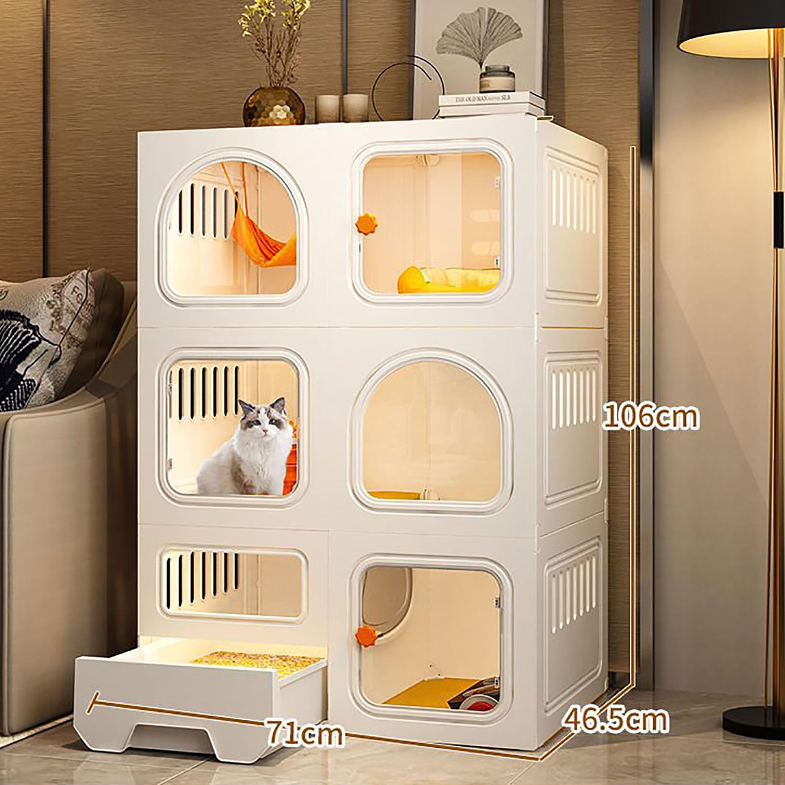JingNian Gabbia per Gatti di Grandi Dimensioni A 2/3 Livelli con Lettiera, Gabbia per Gatti Fai da Te, Gabbie per Gatti da Interno con Lettiera(Size:71 * 46.5 * 106cm)