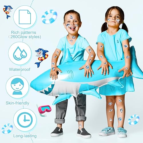 Miniatura 3 de Saypacck 20 hojas de 260 estilos de tatuajes temporales de tiburón luminoso para niños, decoraciones de cumpleaños de tiburón brillante, océano bajo