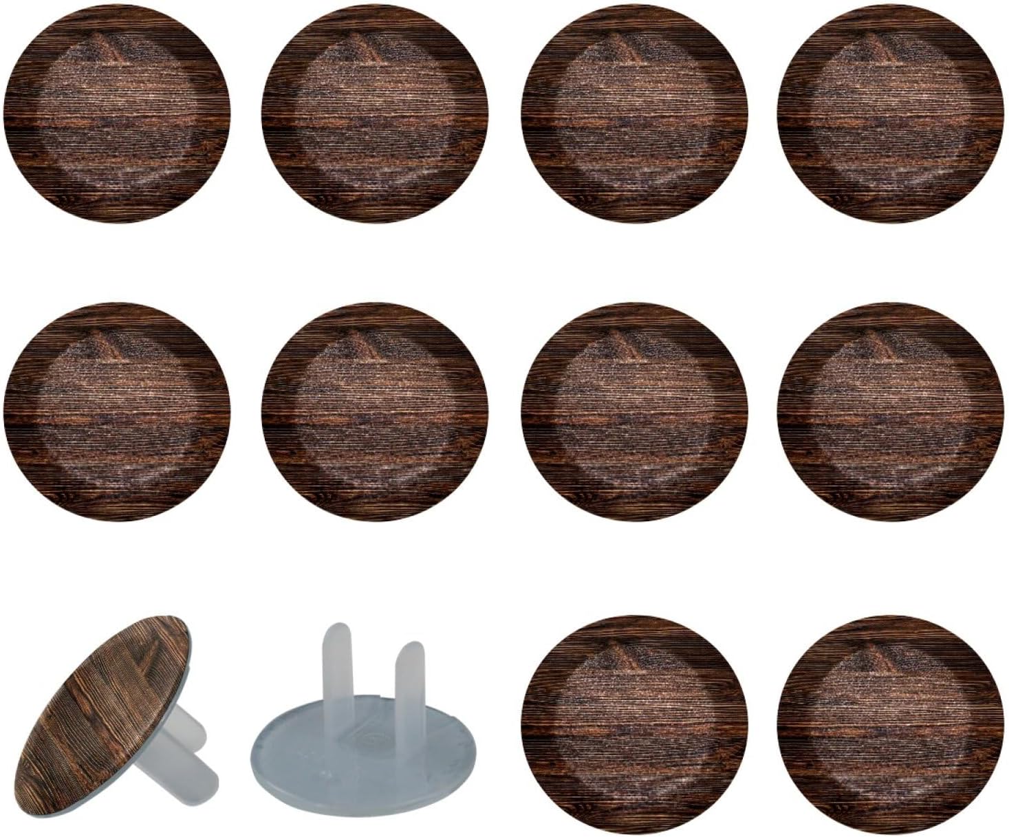 Vintage Brown Wood 12 Packs Outlet Covers Child Proof Plug Protector, Safety Outlet Plugs Covers, 2-Prong Wall Socket Protection Caps, Round Electrical Wall Receptacle for Home Office