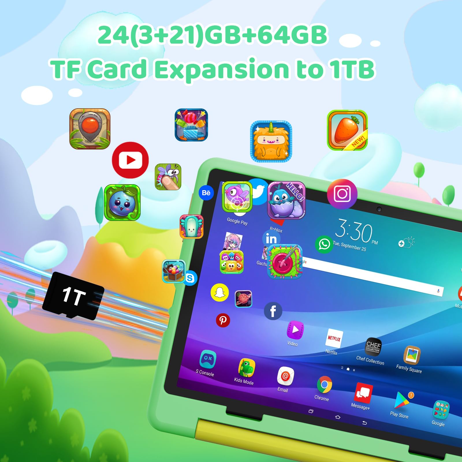 Ainmel Android 16 Kinder Tablet, 10.1 Zoll Tablet für Kinder, 24GB+64GB(erweiterbar auf 1TB), 6000mAh, Kindersicherung, WiFi 6, Bluetooth 5.4, Widevine L1, kindersicheres Gehäuse (grün)