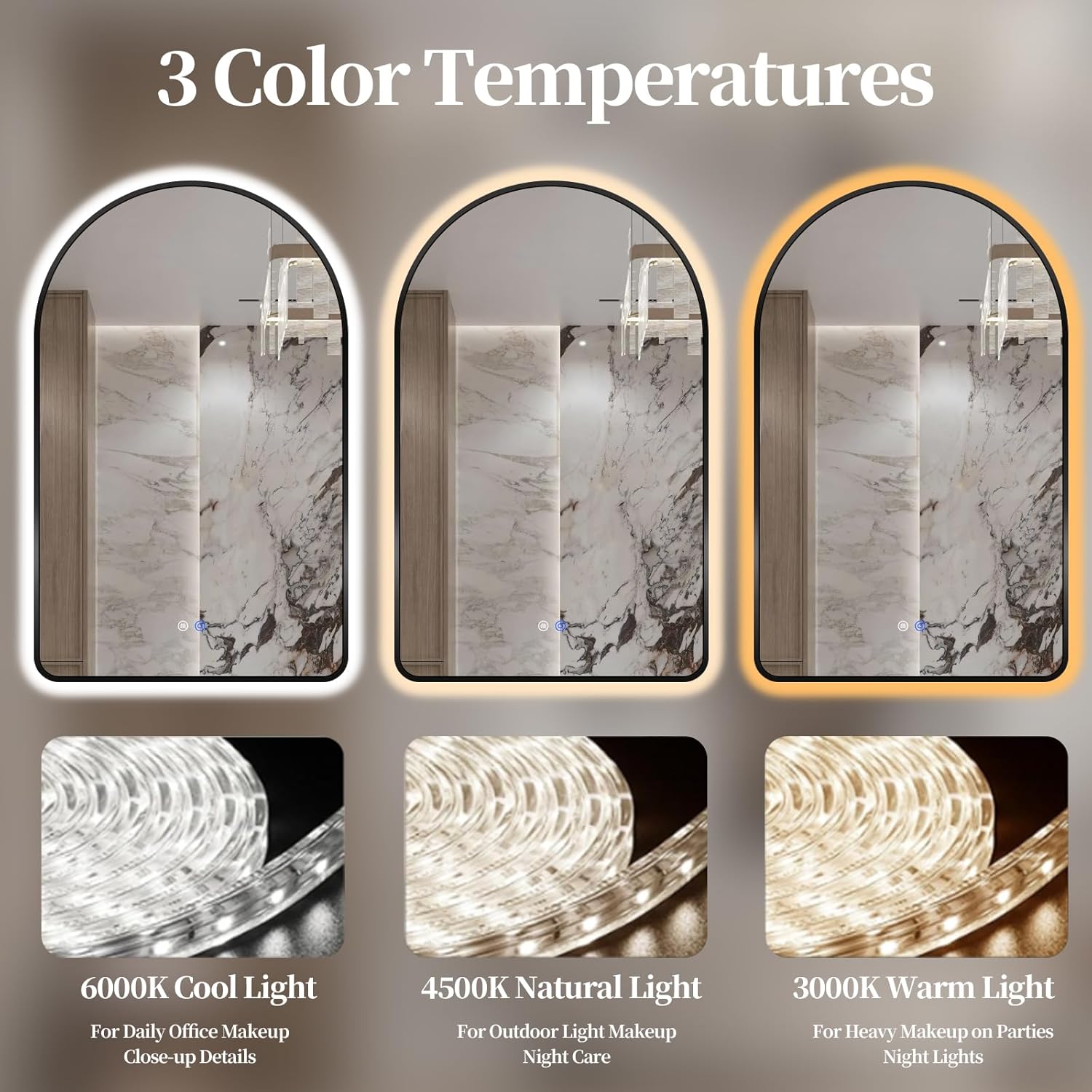 Arched LED Bathroom Mirror, 36"x24" Black Framed Arch Backlit Vanity Mirror with Lights, Anti-Fog, 3 Colors, Dimmable, Adjustable Brightness, Waterproof, UL Listed