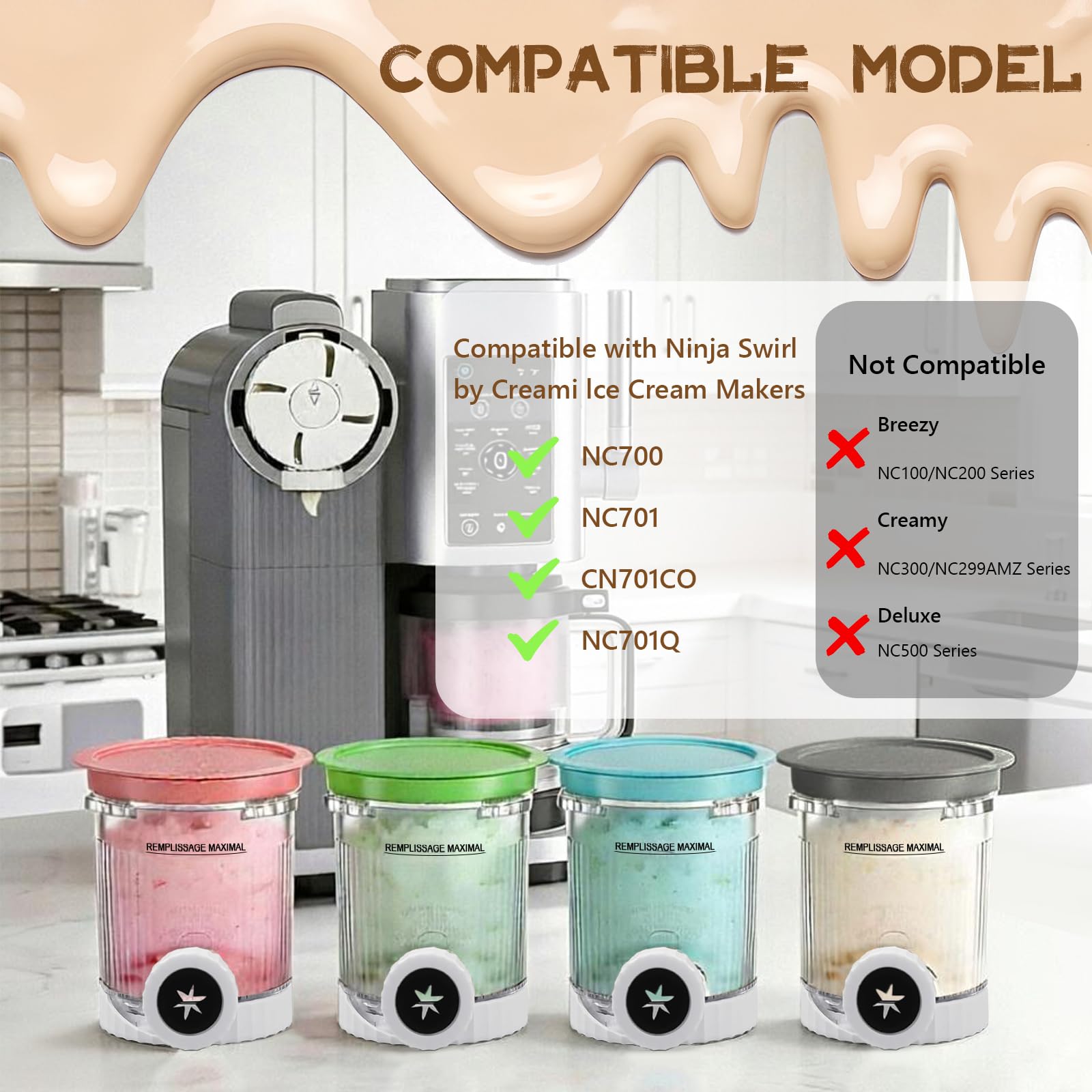Creami Behälter, 4 Stück Behälter für Ninja Creami Swirl, Kompatibel mit Ninja Creami NC701EU NC700 Serie Softeismaschine, BPA-frei, Lebensmittelqualität, Spülmaschinenfest