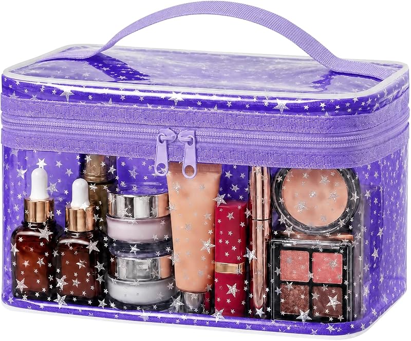 Necessaire transparente Junesters Star com zíper e alça, roxa