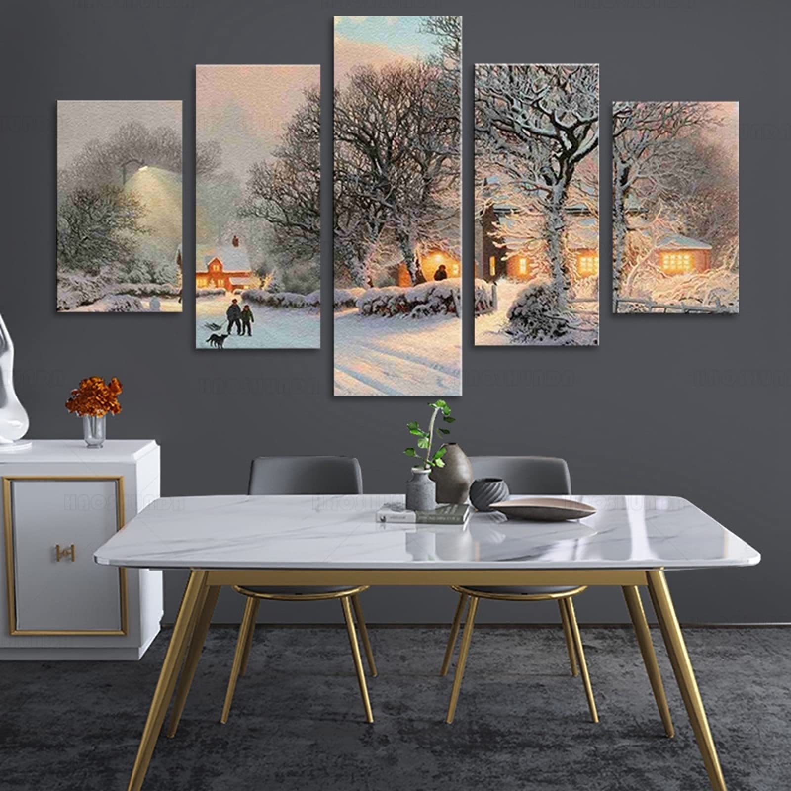 5 Panel Wall Art Painting The Picture Print On Canvas For Home Decor Decoration Gift Piece Canvas Painting Wall Art Comfortable Winter Village Snow Scene Pictures For Living Room Prints Poster Home