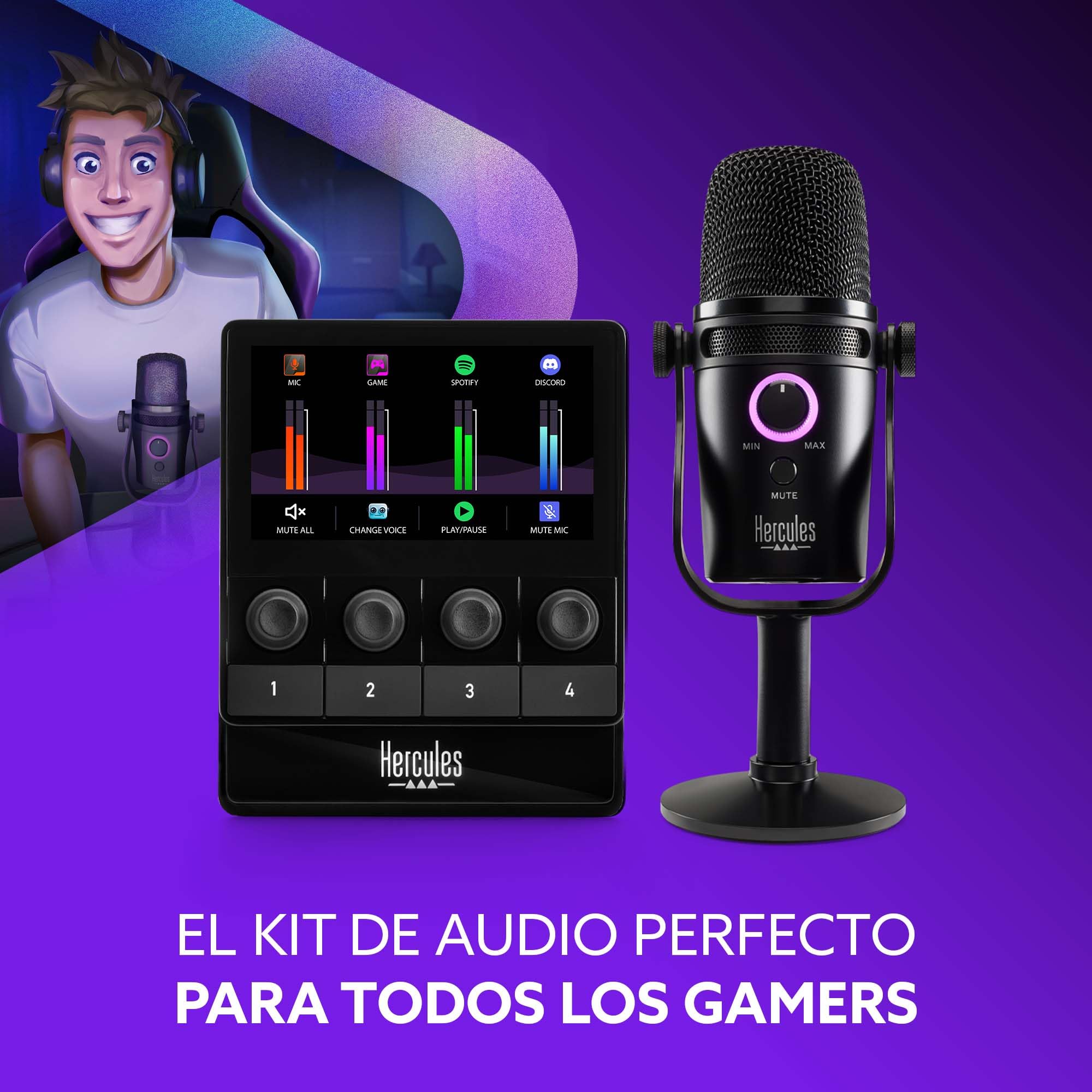 Hercules Stream Starter Kit - Pack de Audio para Streaming (Incluye Controladora Stream 100 con Pantalla LCD, Micrófono USB HUD-600 y 3 Meses de Voicemod Pro) PC Windows