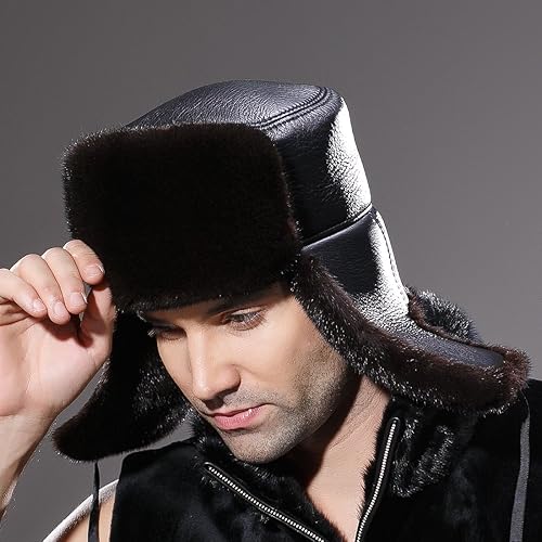 Miniatura 6 de URSFUR Gorra de cuero para hombre rusa Ushanka sombrero de invierno real visón trampero