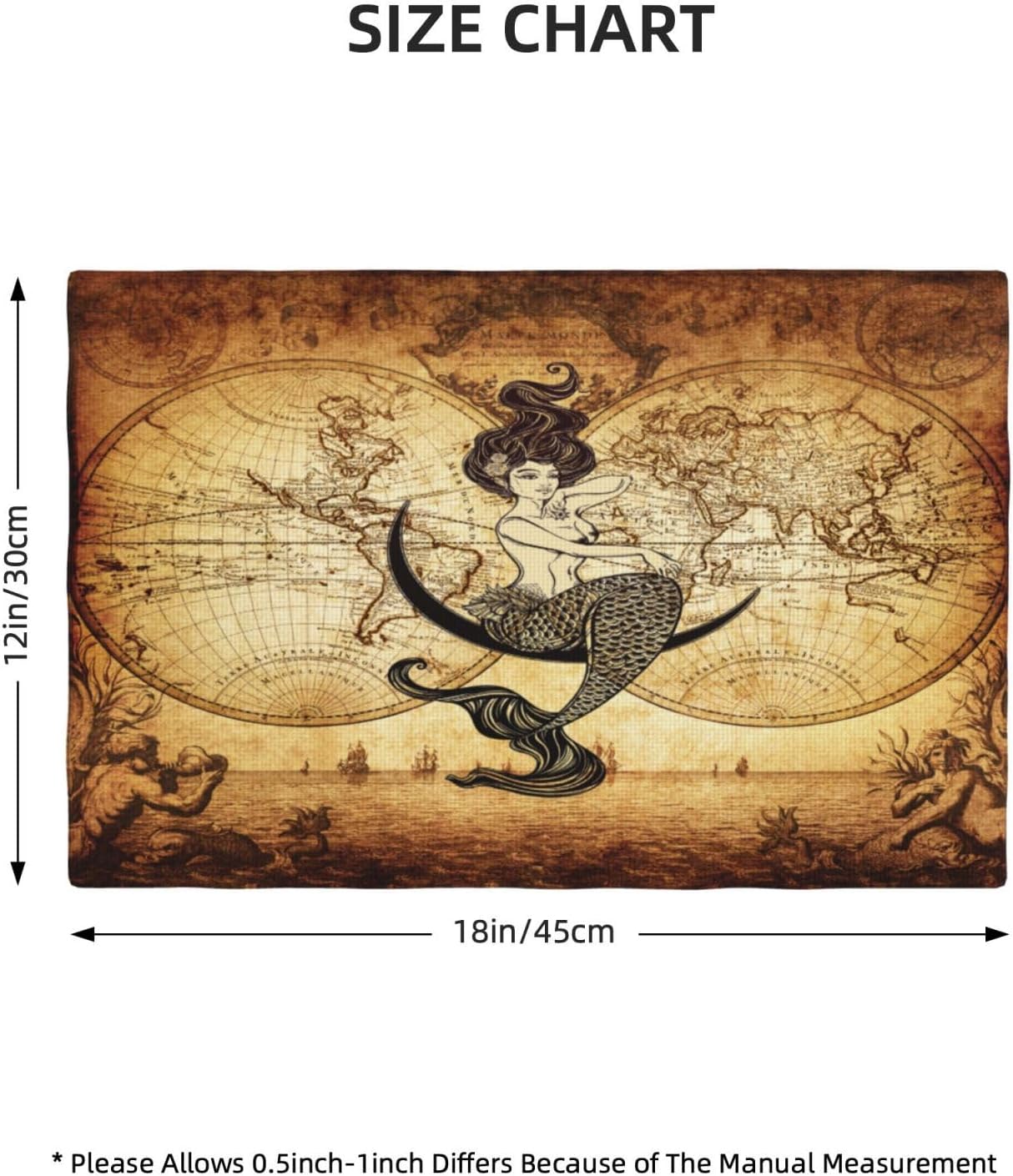Vintage Mermaid Map Placemats, Old 70s Nautical Pirate World Map Print Washable Fabric Placemats Table Kitchen Dining Party 12x18 Inch Set of 4