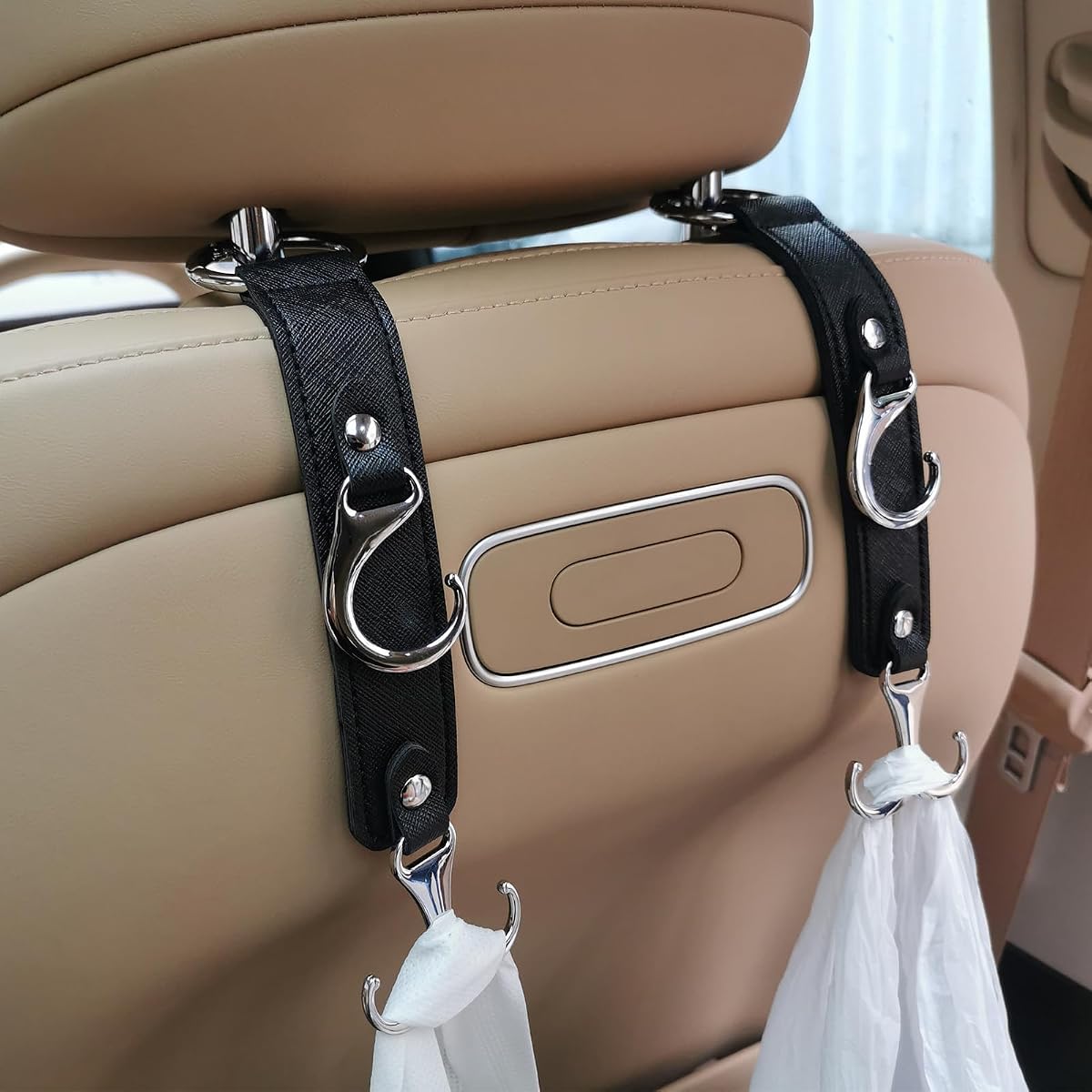Gancho para reposacabezas de coche, colgador de piel sintética, soporte para bolso, gancho para bolso | Diseño 3 en 1, capacidad de 50 lb, hebilla de aleación, se adapta a la mayoría de los automóviles. Sostiene bolsas, comestibles, paraguas. puesto fácil, para delante y detrás