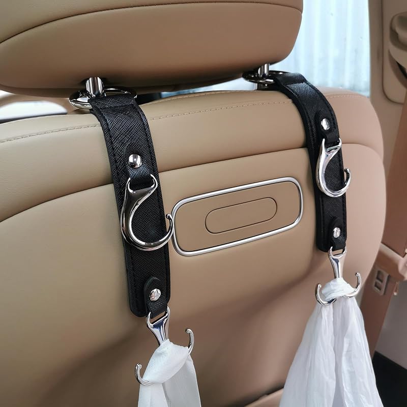Gancho para reposacabezas de auto, colgador de piel sintética, soporte para bolso, gancho para bolso | Diseño 3 en 1, capacidad de 50 lb, hebilla de aleación, se adapta a la mayoría de los automóviles. Sostiene bolsas, comestibles, paraguas. puesto fácil, para delante y detrás