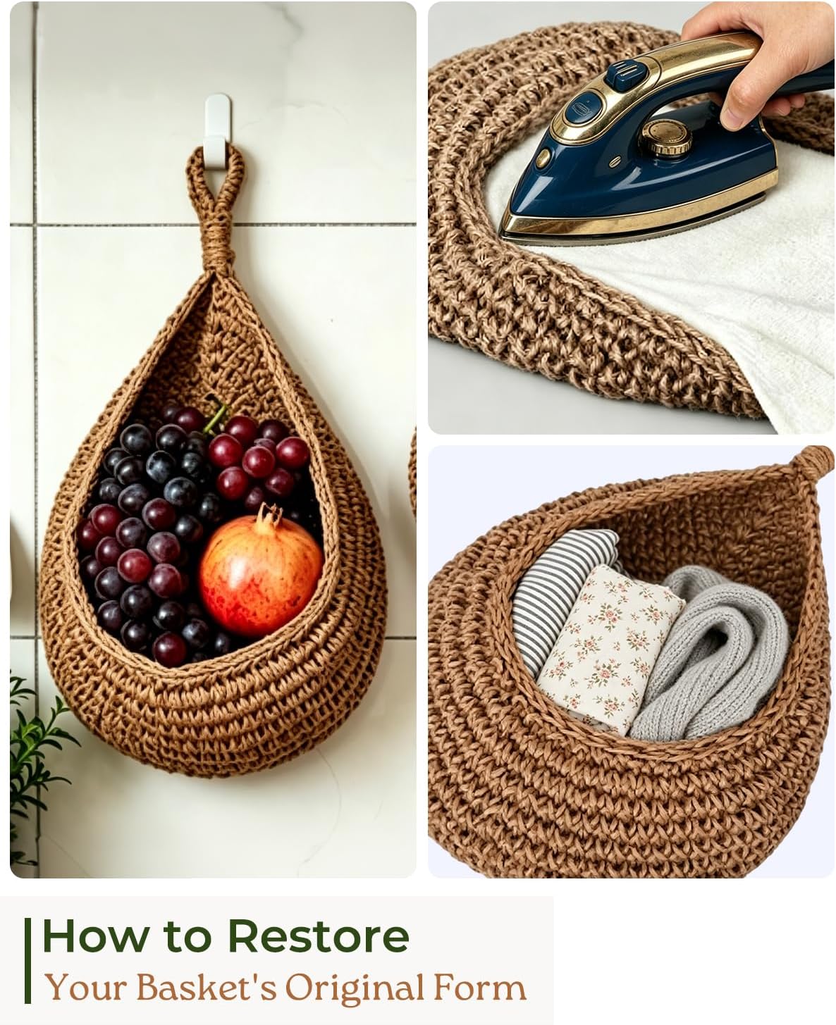 6 Pack Boho Wall Hanging Fruit Baskets, Kitchen Hanging Fruit Basket with 6 Pcs Hooks, Handwoven Teardrop Home Storage for Fruits, Vegetable, Potato