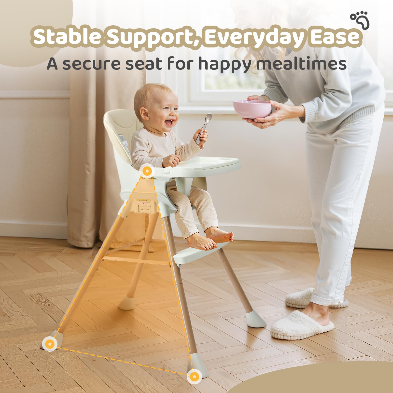 BONNLO Chaise Haute Bébé Évolutive, Pieds en Bois Fixes & Structure Renforcée, Pliable pour Chaise Adulte, 4 KG Ultra-Léger, Réglable en Hauteur, Ceinture 5 Points, Nettoyage Simplifié (Neige)