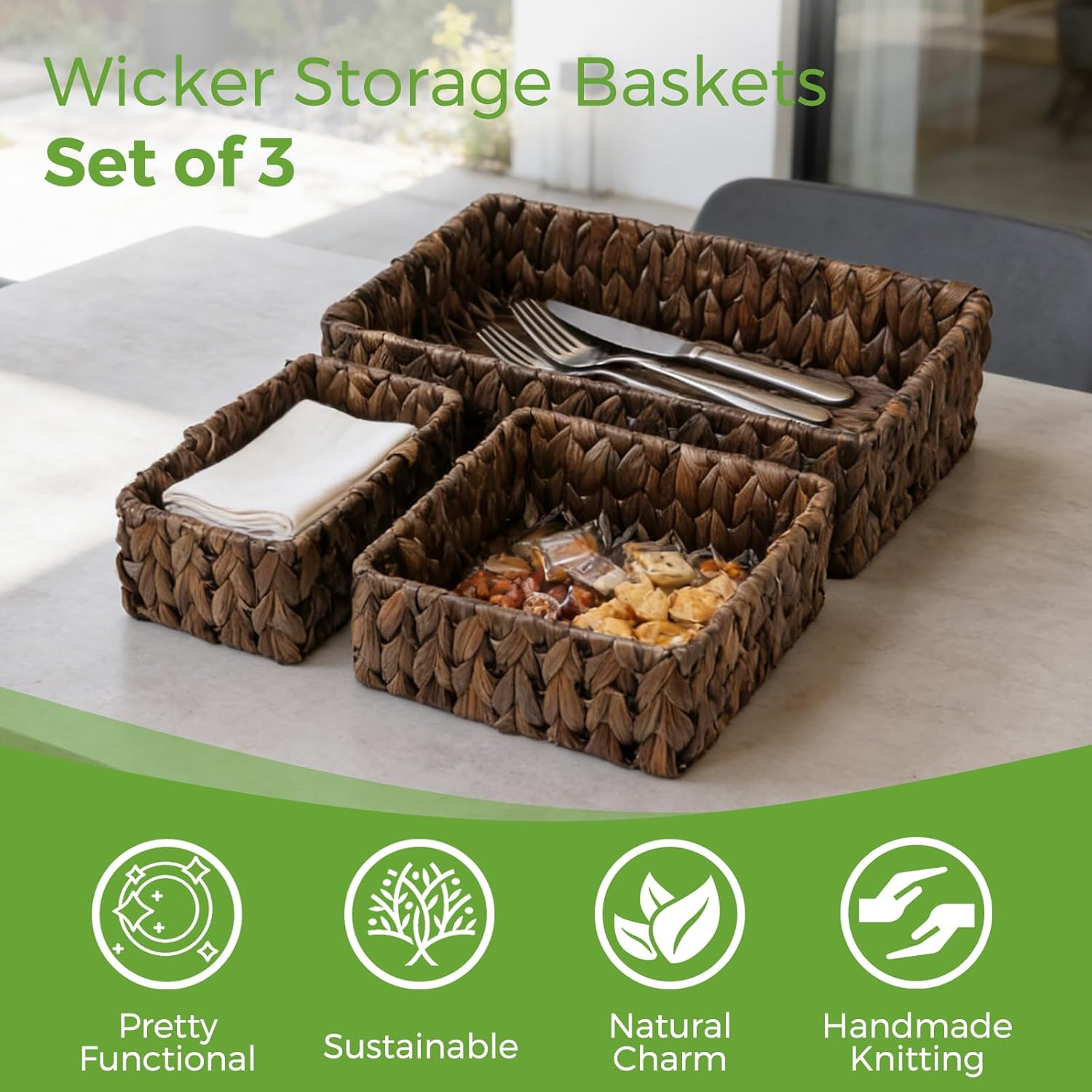 Wicker Storage Baskets Set of 3, Handwoven Water Hyacinth Baskets for Organizing, Large and Small Wicker Baskets Set, Decorative Natural Woven Baskets 3Pack for Pantry Shelves, Dark Brown