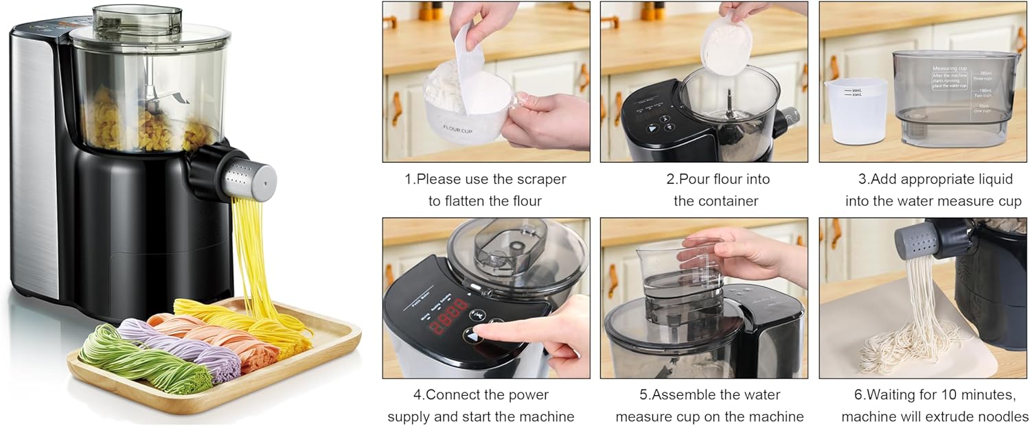 Electric Pasta Maker Machine with 9 Noodle Shapes – Automatic Noodle Maker for Homemade Spaghetti, Macaroni, Fettuccine, Dumpling Wrappers – Easy to Use and Clean Pasta Machine