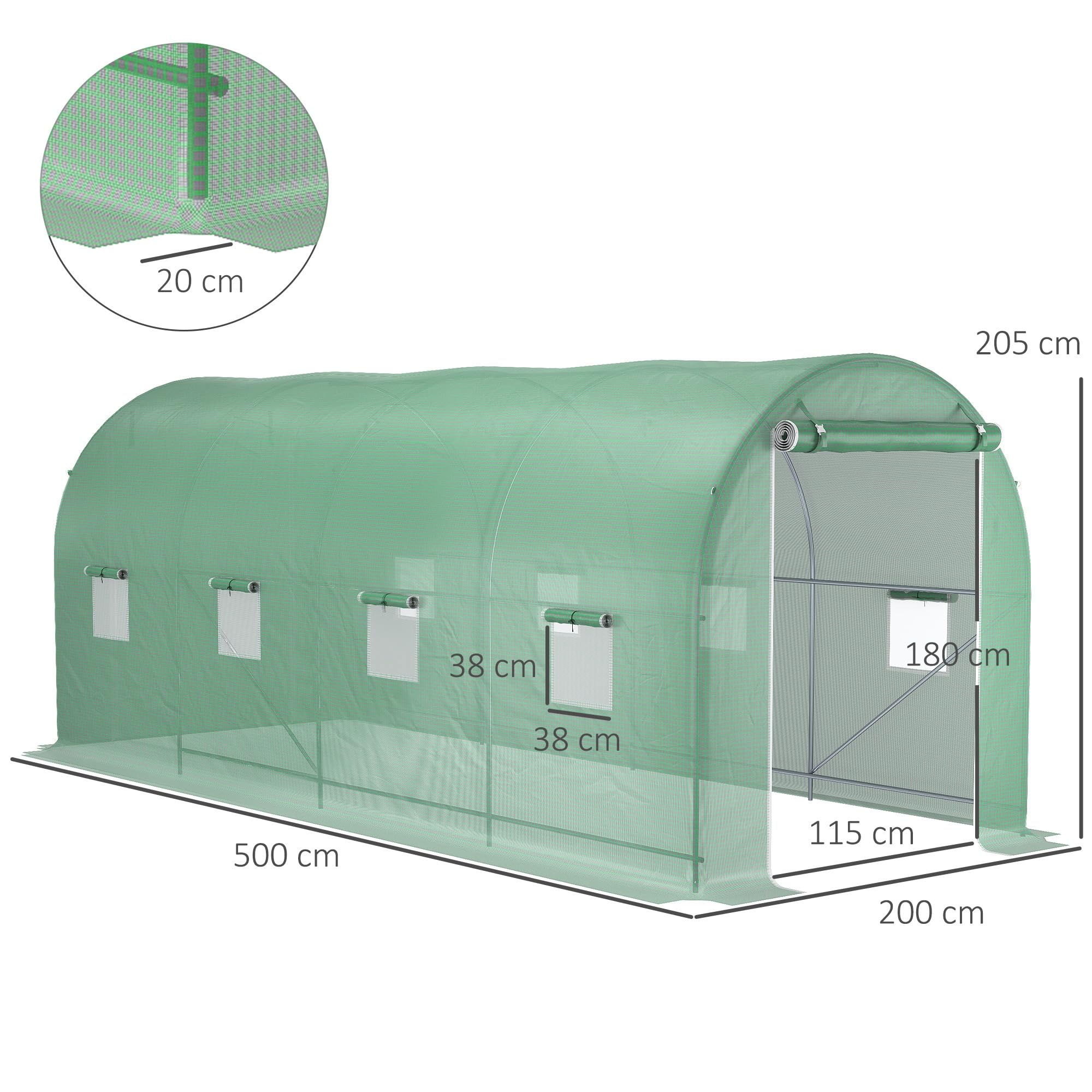 Outsunny Serre de Jardin Tunnel Surface Sol 10 m² 5L x 2l x 2,05H m châssis Tubulaire renforcé Porte zippée 8 fenêtres enroulables Vert