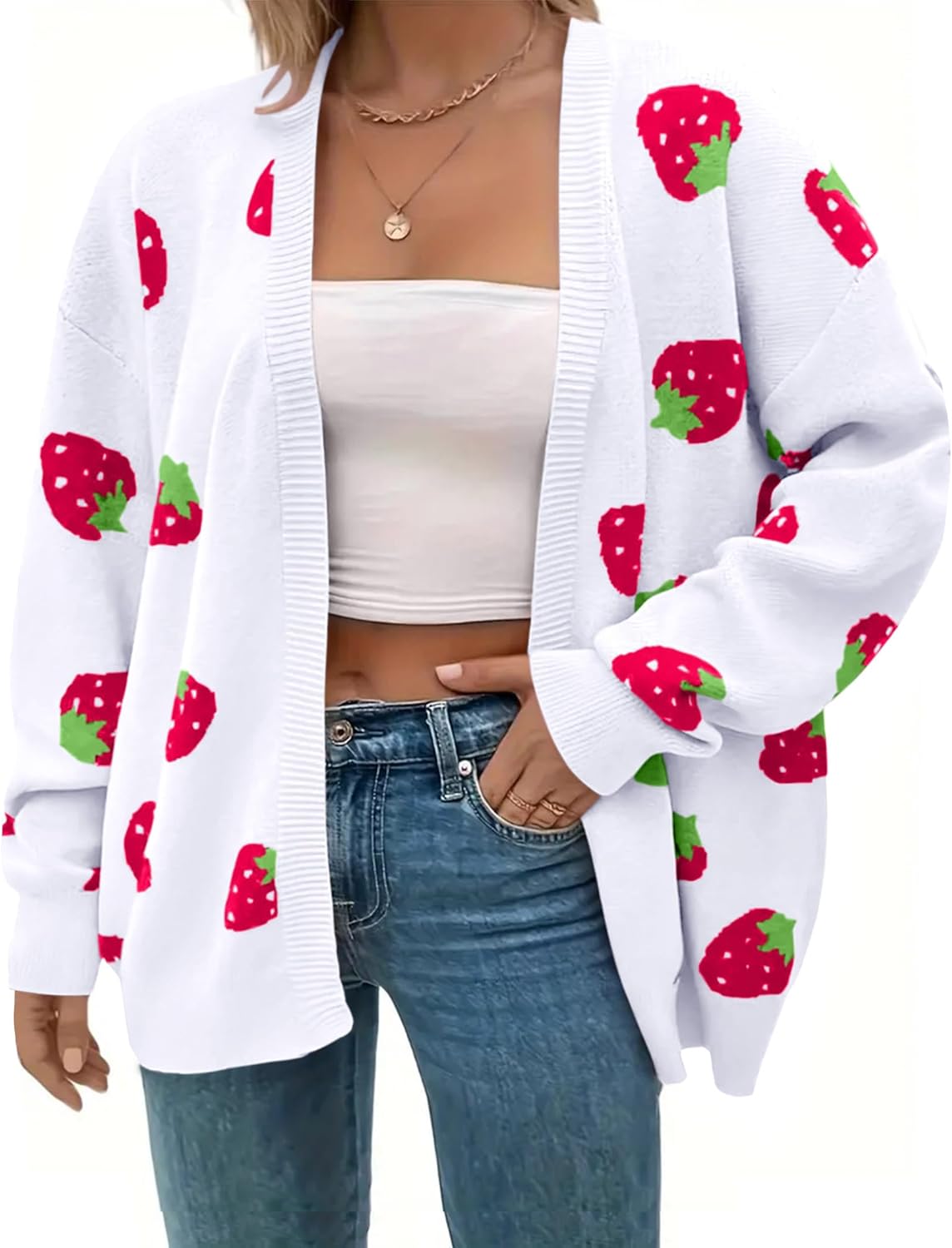 Women's Plus Size Strawberry Floral Print Long Sleeve Open Front Knit Cardigan Sweater