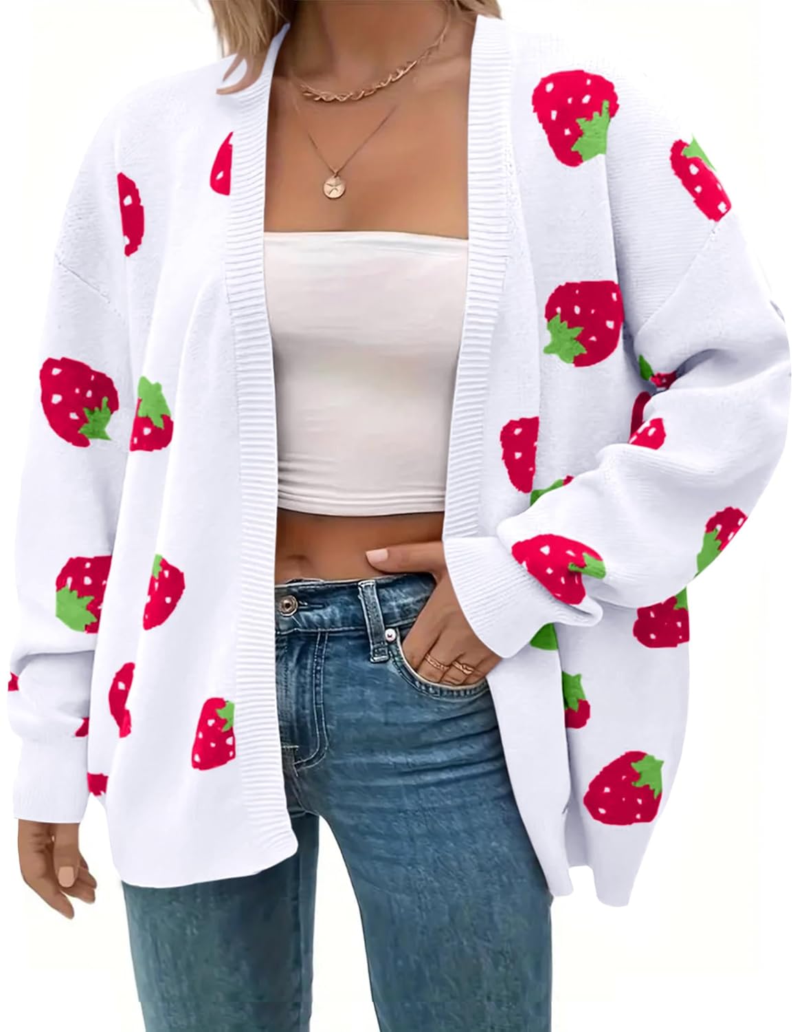 Womens Plus Size Strawberry Floral Print Long Sleeve Open Front Knit Cardigan Sweater