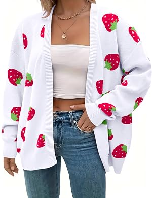Womens Plus Size Strawberry Floral Print Long Sleeve Open Front Knit Cardigan Sweater