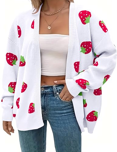 SECRETEYARD Women's Plus Size Strawberry Floral Print Long Sleeve Open Front Knit Cardigan Sweater - 3X-Large - White