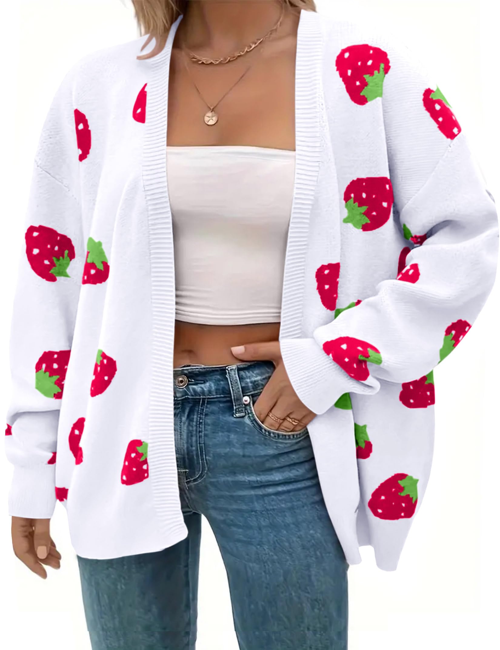 Womens Plus Size Strawberry Floral Print Long Sleeve Open Front Knit Cardigan Sweater
