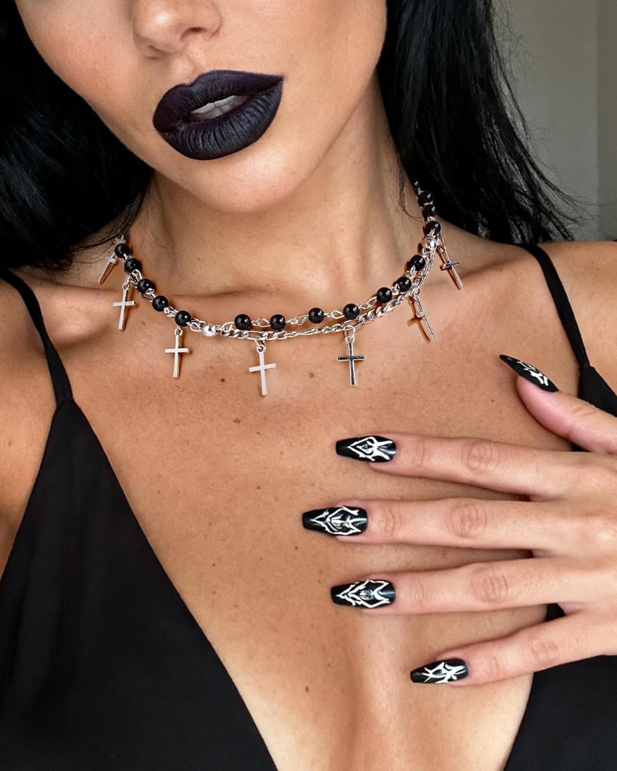 Punk Layered Cross Choker Necklace for Women Gothic Stackable Rosary Cross Necklace with Figaro Chain, Statement Bead Silver Jewelry - Image 4