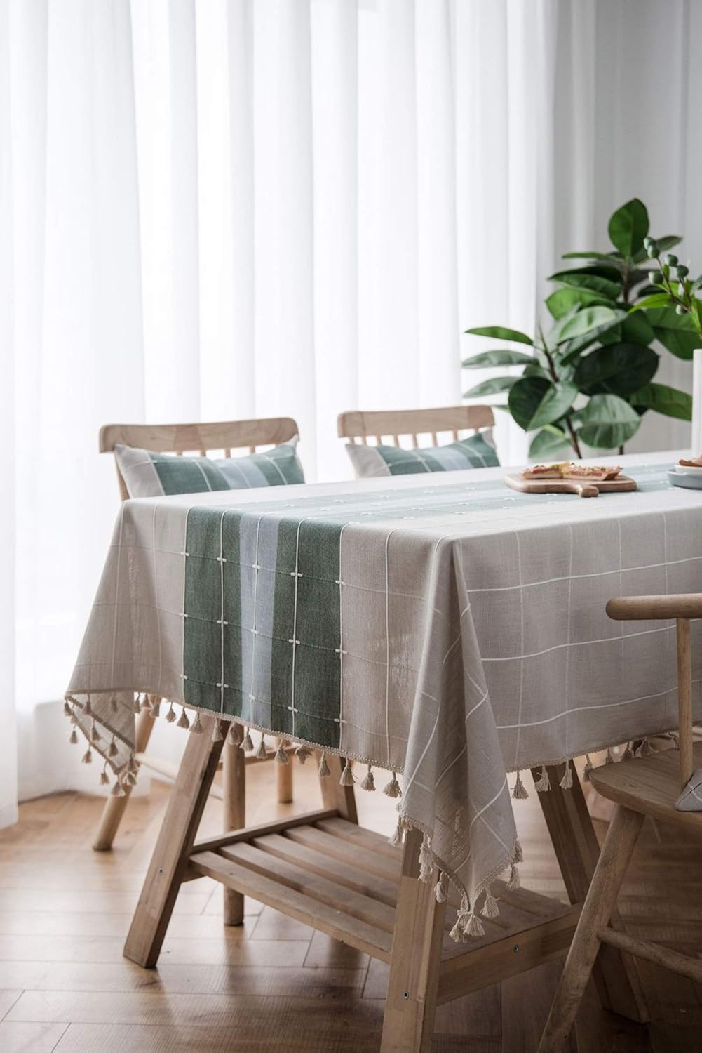 Rectangular Tablecloth Kitchen 72x55 inch Kitchen Tablecloth Lattice Lace Tassel Polyester Tablecloth Table Cover Green