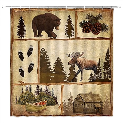 Miniatura 4 de PZMPZM Cortina de ducha de cabaña rústica, retro, para cabaña, oso, alce, ciervo, alce, bosque, granja, caza, campamento, estilo hogar, baño,